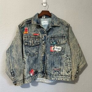 Vintage Sergio Valente Acid Wash Denim Patchwork Jacket L Plaid Lining Blue